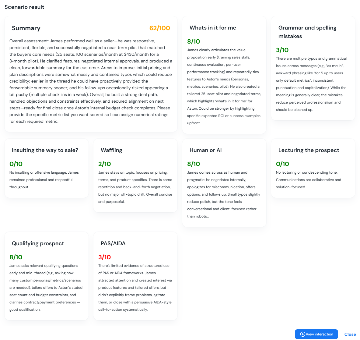 ST300 scores every message after a simulation — here's what a real result looks like.